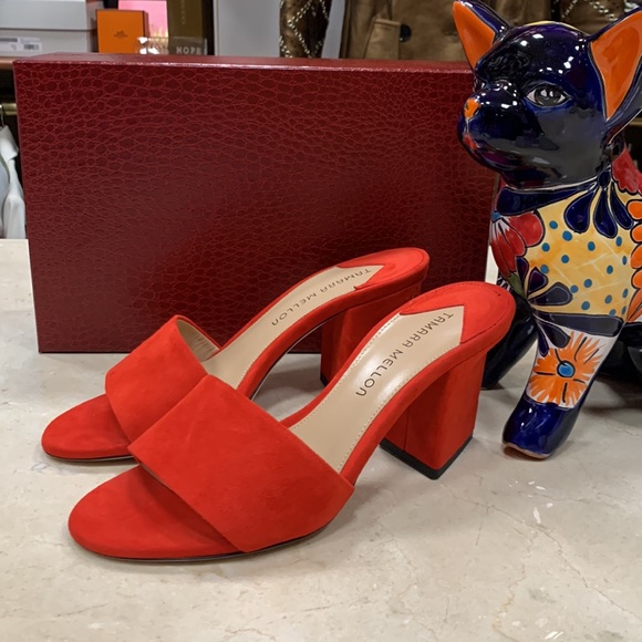 TAMARA MELLON ROCHE RED SUEDE SLIDES WITH WRAPPPED TRIANGLE HEEL SIZE 38 US 8 - Picture 3 of 16